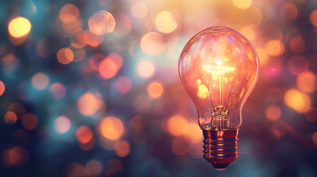 Glowing light bulb on blurred bokeh background with free place for text. Education, idea, thought, brainstorming conceptの素材