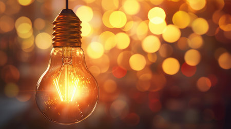 Glowing light bulb on blurred bokeh background with free place for text. Education, idea, thought, brainstorming conceptの素材