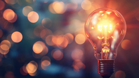 Glowing light bulb on blurred bokeh background with free place for text. Education, idea, thought, brainstorming conceptの素材