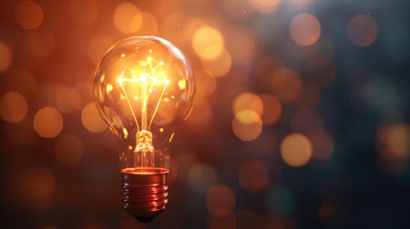 Glowing light bulb on blurred bokeh background with free place for text. Education, idea, thought, brainstorming conceptの素材