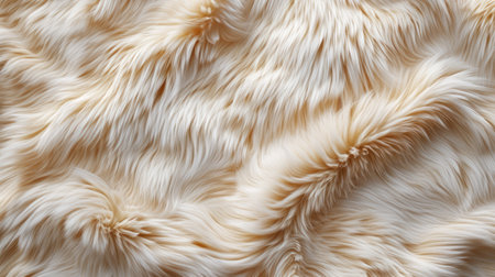 Close up of beige fur texture top view background. Sheep fluffy animal skin print, wool for fashion, bannerの素材