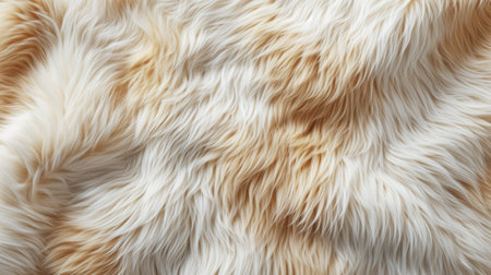 Close up of beige fur texture top view background. Sheep fluffy animal skin print, wool for fashion, bannerの素材