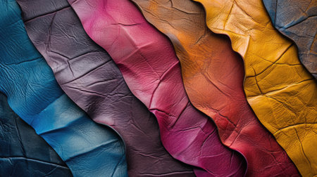 Background with colorful leather texture patches. Different sample pieces of natural or synthetic leather banner for fashion, footwear, furniture, accessoriesの素材