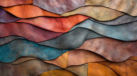 Background with colorful leather texture patches. Different sample pieces of natural or synthetic leather banner for fashion, footwear, furniture, accessoriesの素材