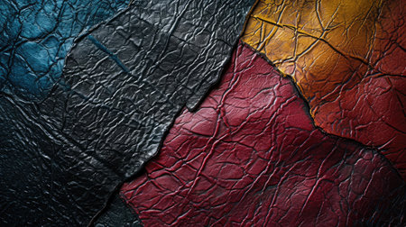 Background with colorful leather texture patches. Different sample pieces of natural or synthetic leather banner for fashion, footwear, furniture, accessoriesの素材