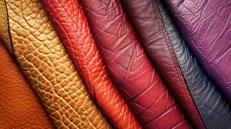 Background with colorful leather texture patches. Different sample pieces of natural or synthetic leather banner for fashion, footwear, furniture, accessoriesの素材