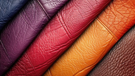 Background with colorful leather texture patches. Different sample pieces of natural or synthetic leather banner for fashion, footwear, furniture, accessoriesの素材