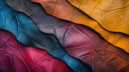 Background with colorful leather texture patches. Different sample pieces of natural or synthetic leather banner for fashion, footwear, furniture, accessoriesの素材