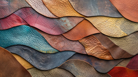Background with colorful leather texture patches. Different sample pieces of natural or synthetic leather banner for fashion, footwear, furniture, accessoriesの素材