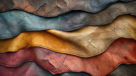 Background with colorful leather texture patches. Different sample pieces of natural or synthetic leather banner for fashion, footwear, furniture, accessoriesの素材
