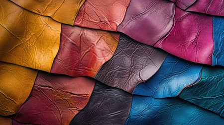 Background with colorful leather texture patches. Different sample pieces of natural or synthetic leather banner for fashion, footwear, furniture, accessoriesの素材