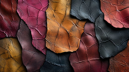 Background with colorful leather texture patches. Different sample pieces of natural or synthetic leather banner for fashion, footwear, furniture, accessoriesの素材