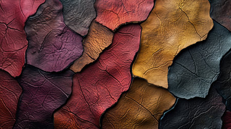 Background with colorful leather texture patches. Different sample pieces of natural or synthetic leather banner for fashion, footwear, furniture, accessoriesの素材
