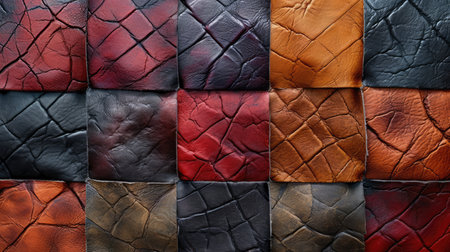 Background with colorful leather texture patches. Different sample pieces of natural or synthetic leather banner for fashion, footwear, furniture, accessoriesの素材