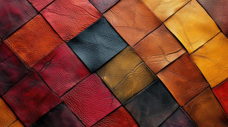 Background with colorful leather texture patches. Different sample pieces of natural or synthetic leather banner for fashion, footwear, furniture, accessoriesの素材
