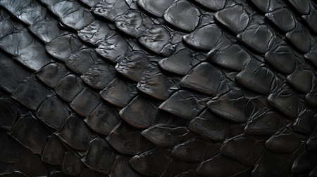 Close-up of black snake leather texture print background. Reptile skin backdrop for fashion, textile, print, bannerの素材