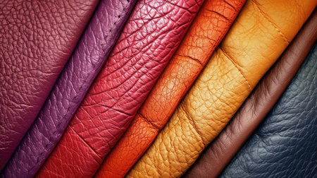 Background with colorful leather texture patches. Different sample pieces of natural or synthetic leather banner for fashion, footwear, furniture, accessoriesの素材