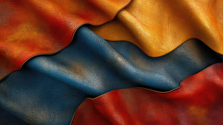 Background with colorful leather texture patches. Different sample pieces of natural or synthetic leather banner for fashion, footwear, furniture, accessoriesの素材