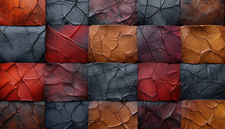Background with colorful leather texture patches. Different sample pieces of natural or synthetic leather banner for fashion, footwear, furniture, accessoriesの素材
