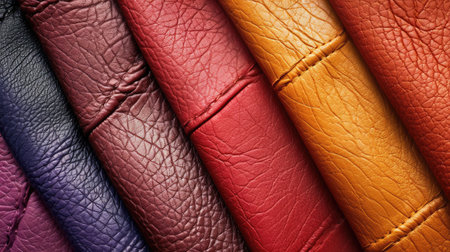 Background with colorful leather texture patches. Different sample pieces of natural or synthetic leather banner for fashion, footwear, furniture, accessoriesの素材