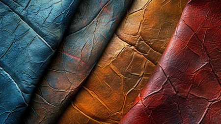 Background with colorful leather texture patches. Different sample pieces of natural or synthetic leather banner for fashion, footwear, furniture, accessoriesの素材