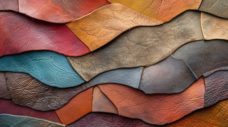 Background with colorful leather texture patches. Different sample pieces of natural or synthetic leather banner for fashion, footwear, furniture, accessoriesの素材