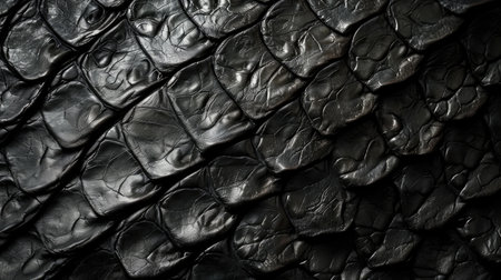 Close-up of black snake leather texture print background. Reptile skin backdrop for fashion, textile, print, bannerの素材