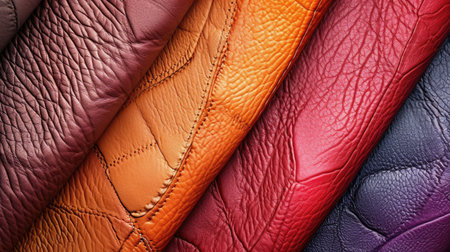 Background with colorful leather texture patches. Different sample pieces of natural or synthetic leather banner for fashion, footwear, furniture, accessoriesの素材