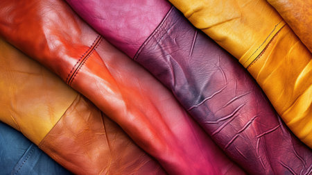 Background with colorful leather texture patches. Different sample pieces of natural or synthetic leather banner for fashion, footwear, furniture, accessoriesの素材