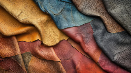 Background with colorful leather texture patches. Different sample pieces of natural or synthetic leather banner for fashion, footwear, furniture, accessoriesの素材