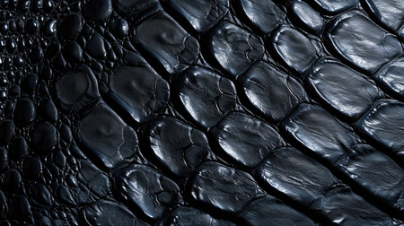Close-up of black snake leather texture print background. Reptile skin backdrop for fashion, textile, print, bannerの素材