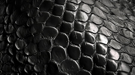 Close-up of black snake leather texture print background. Reptile skin backdrop for fashion, textile, print, bannerの素材
