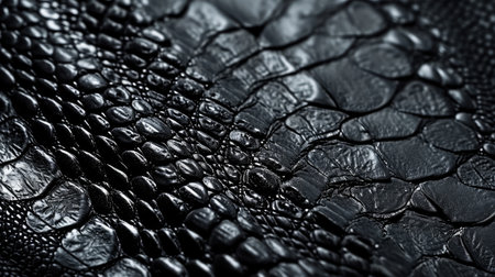 Close-up of black snake leather texture print background. Reptile skin backdrop for fashion, textile, print, bannerの素材