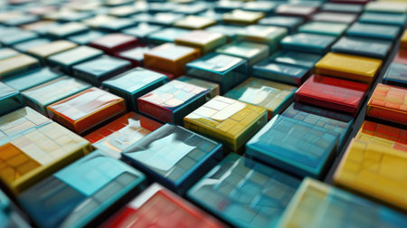 Close up of colorful mosaic in motion background. Dynamic geometric shapes bannerの素材