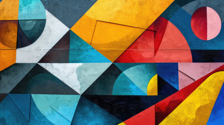 Abstract colorful background with geometric textured oil or acrylic shapes. Artistic banner with wall texture and brush strokesの素材
