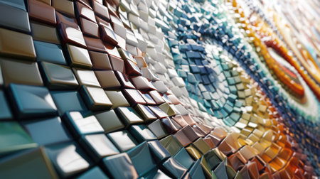 Close up of colorful mosaic in motion background. Dynamic geometric shapes bannerの素材