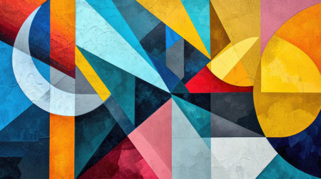 Abstract colorful background with geometric textured oil or acrylic shapes. Artistic banner with wall texture and brush strokesの素材