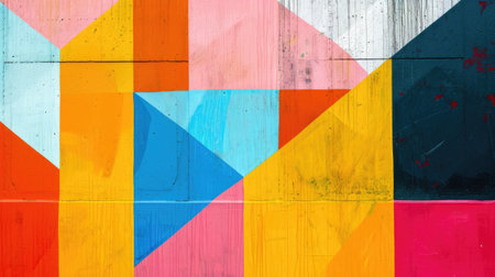 Abstract colorful background with geometric textured oil or acrylic shapes. Artistic banner with wall texture and brush strokesの素材