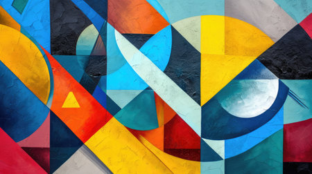 Abstract colorful background with geometric textured oil or acrylic shapes. Artistic banner with wall texture and brush strokesの素材