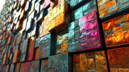 Close up of colorful mosaic in motion background. Dynamic geometric shapes bannerの素材