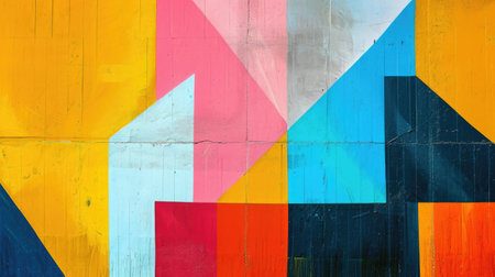 Abstract colorful background with geometric textured oil or acrylic shapes. Artistic banner with wall texture and brush strokesの素材