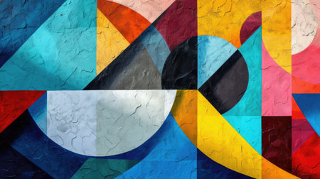 Abstract colorful background with geometric textured oil or acrylic shapes. Artistic banner with wall texture and brush strokesの素材