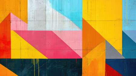 Abstract colorful background with geometric textured oil or acrylic shapes. Artistic banner with wall texture and brush strokesの素材