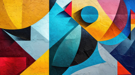 Abstract colorful background with geometric textured oil or acrylic shapes. Artistic banner with wall texture and brush strokesの素材