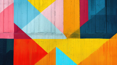 Abstract colorful background with geometric textured oil or acrylic shapes. Artistic banner with wall texture and brush strokesの素材