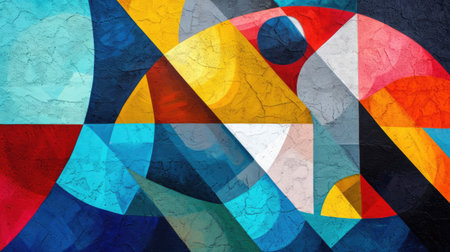 Abstract colorful background with geometric textured oil or acrylic shapes. Artistic banner with wall texture and brush strokesの素材