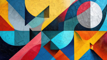 Abstract colorful background with geometric textured oil or acrylic shapes. Artistic banner with wall texture and brush strokesの素材