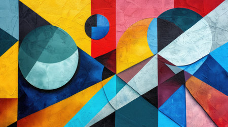 Abstract colorful background with geometric textured oil or acrylic shapes. Artistic banner with wall texture and brush strokesの素材