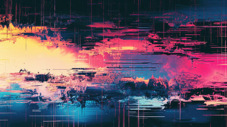 Abstract background with colorful distorted motion glitch. Broadcast error, grunge damaged effectの素材