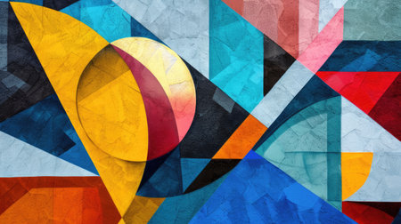 Abstract colorful background with geometric textured oil or acrylic shapes. Artistic banner with wall texture and brush strokesの素材